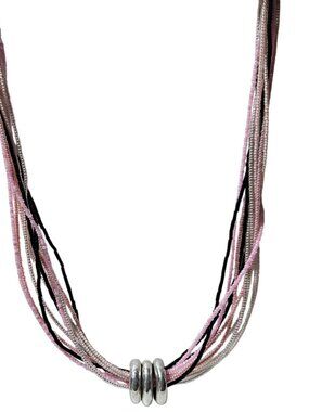 Retro Multi Strand Beaded Necklace Pink Black Seed Beads Silver-Tone Rings Women